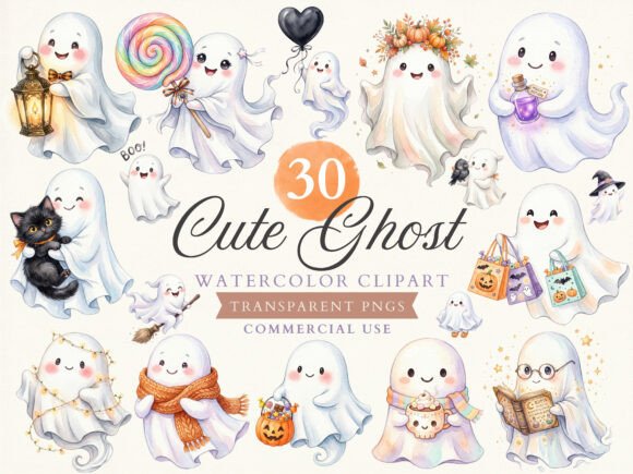 Download Cute Watercolor Ghost Clipart Bundle - Cute watercolor Collection