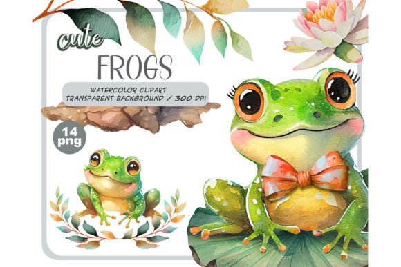 Download Watercolor Cute Baby Frogs Clipart Set - Premium Bundle