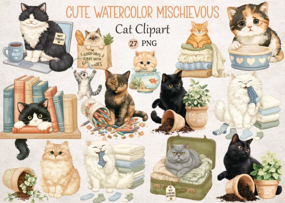 Download Cute Watercolor Mischievous Cat Clipart - Cute watercolor Collection