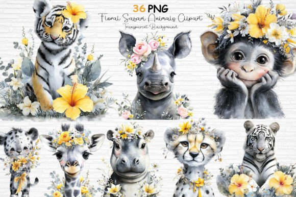 Download Floral Safari Animals Clipart PNG - Safari animals clipart Collection