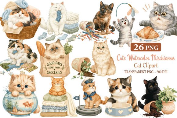 Download Cute Watercolor Mischievous Cat Clipart - Cute watercolor Collection